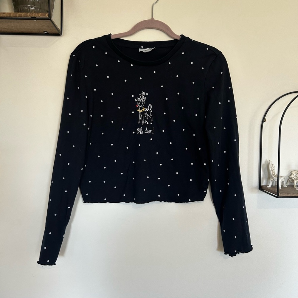 Topshop Navy Blue White Polka Dot‎ Oh Deer Long Sleeve Cropped Shirt Medium 8/10